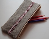 Linen Pencil Case / Lipstick Case / Cosmetic Bag Decorated with Red Latvian Garter