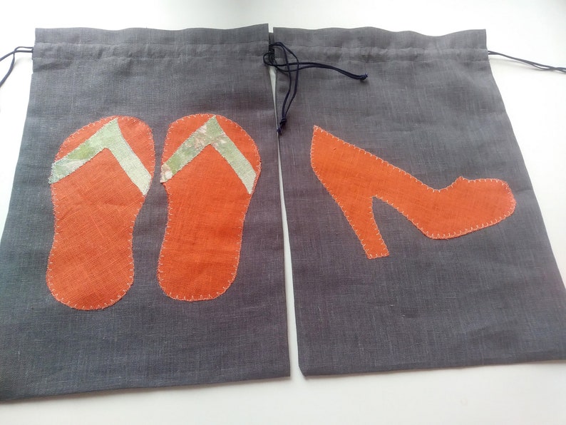 \u2013 Choose the design Linen Shoe Bag with blue or orange flip-flops or high heels Travel Shoe Bag