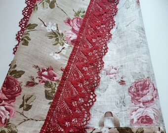 Romantic Linen Kitchen Towel "Roses" with Linen Lace - Made in Latvia