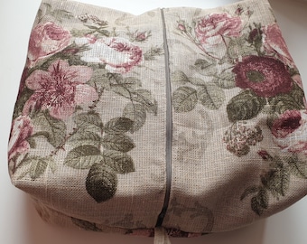 Set of Durable Eco Linen Storage Bag with a Hanger and a Zipper - Clothes Storage (with Rustic Roses Print) and Cocmetic Bag.