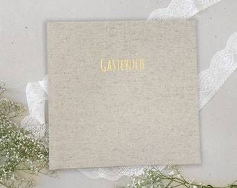 Guest book | large 30x30 | natural linen | golden lettering | wedding birthday baptism communion welcome party