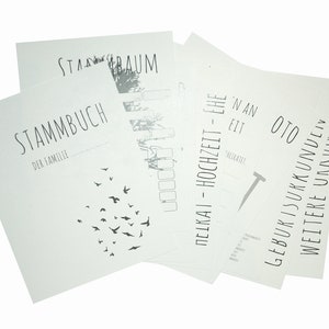 May include: A set of four blank white pages with black text. The pages are titled "Stammbuch", "Stammbaum", "Die Familie", "N.N. an Otto", "Geburtsurkunde", "weitere Urkunden", "Pelka - Hochzeit - Ehe", "Ehekrass".