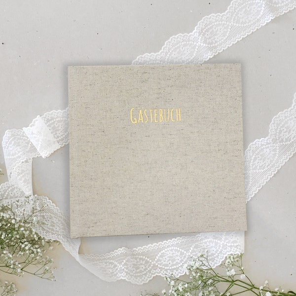 Guestbook | Linen natural | golden font | Wedding birthday baptism communion welcome party