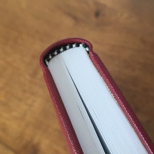 May include: Close-up of the spine of a burgundy hardcover book with a black and white patterned edge.