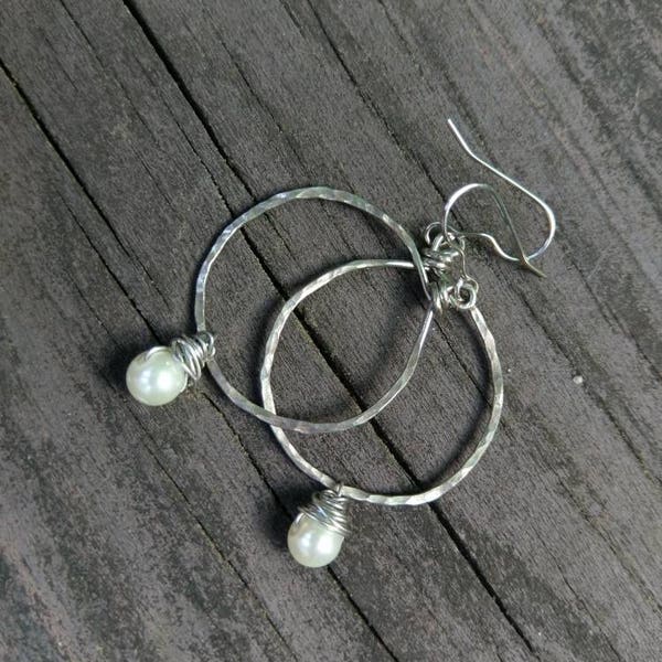 Hammered silver hoops with  wire-wrapped glass pearl