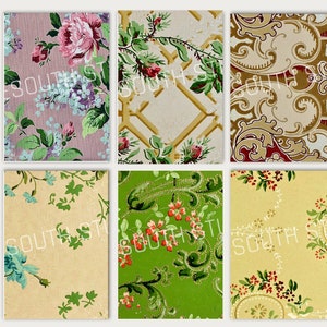 May include: Six different vintage wallpaper samples with floral, geometric, and paisley patterns in shades of green, brown, pink, and white.
