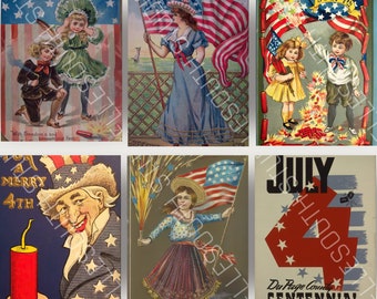 Vintage 4th of July Postcards: Patriotic Ephemera (Digital Download) rockets & firecrackers, American flag, junk journals, collage