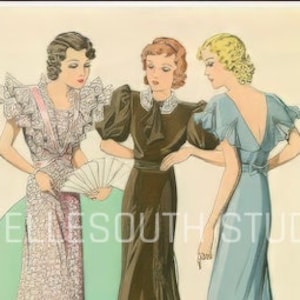 Immagini di moda vintage anni '30, abiti da sera parigini, diari spazzatura, copertine con motivi, glamour, manica corta, manica lunga