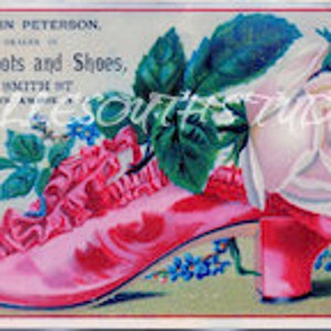 Cartões comerciais de sapatos dos anos 1800, flores, azul, rosa, roxo, rosa, margarida, coisas efêmeras, licença comercial, PDF, uso em diários indesejados, projetos DIY