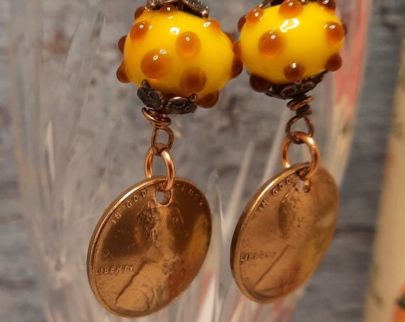 1950 D Penny earrings with bumpy Lamp Work drops