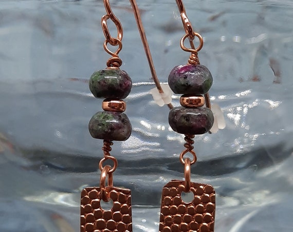 Ruby and Zoisite on Patterned Copper Earrings - Gorgeous!