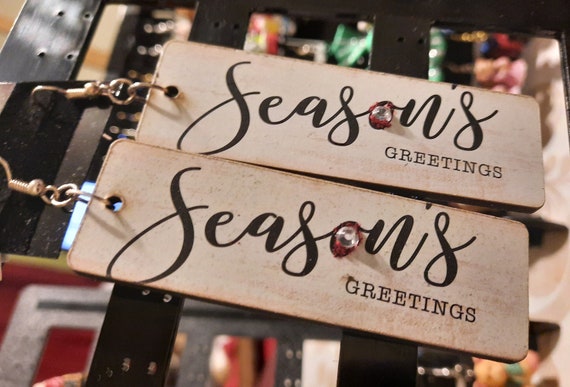Seasons Greetings Sign Earrings - Sugar Plums Christmas Earrings