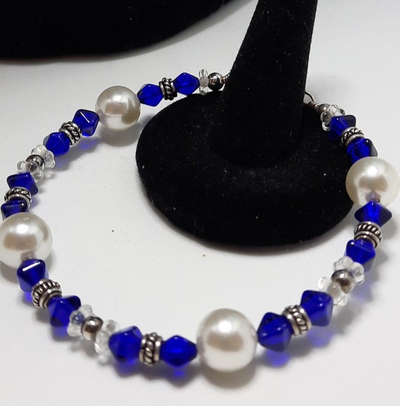 Cobalt Blue and Pearl on Sterling Bangle Bracelet