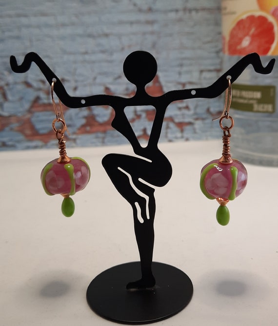 Pink and Spring Green Lampwork Earrings