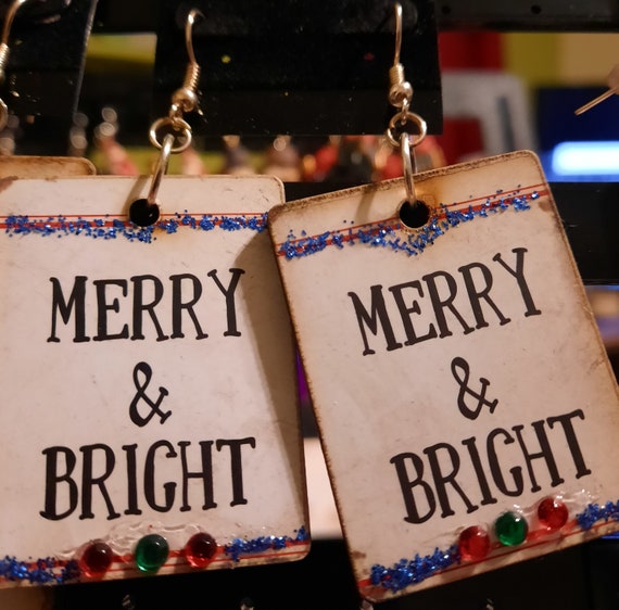 Merry and Bright Wood Sign Earrings - Sugar Plums Christmas Earrings