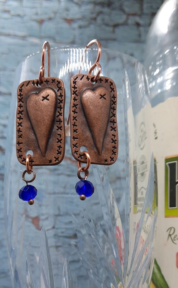 Adorable Patchwork Copper Hearts with a Cobalt Blue Crystal Dangle