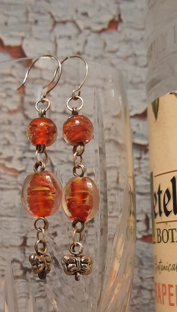 Orange Beads and Butterfly Earrings - Sterling