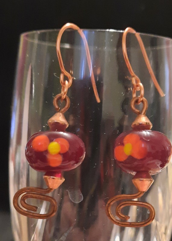 Poked Flower Lampwork Bead Earrings on Copper