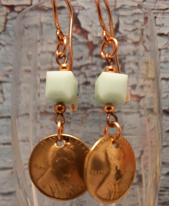 1948 D Wheat Penny Earrings with light Turquoise Swarovski cubes, on Copper