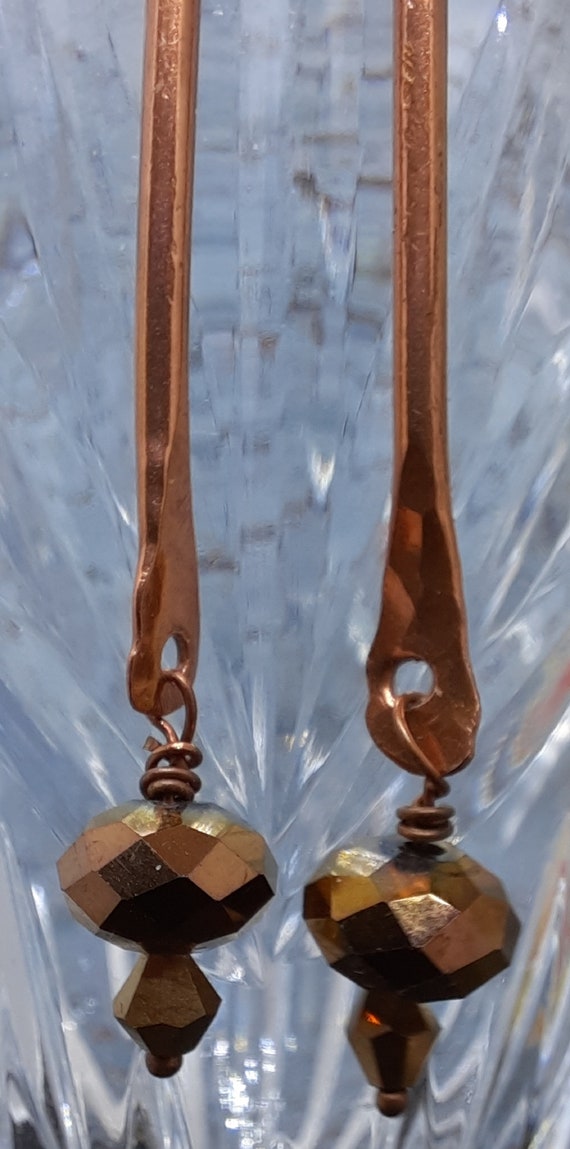 Forged Copper Bar with Crystal end Drop Earrings