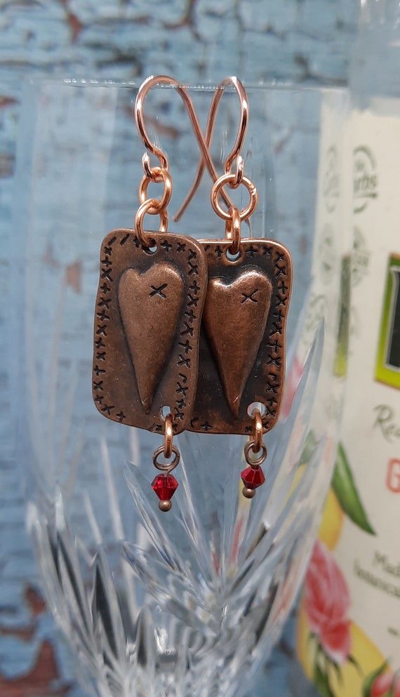 Copper Patchwork Heart with Red Crystals Earrings - Be my Valentine