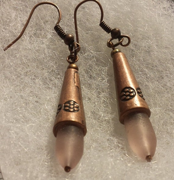 Pink Sea / Beach Glass Copper Earrings