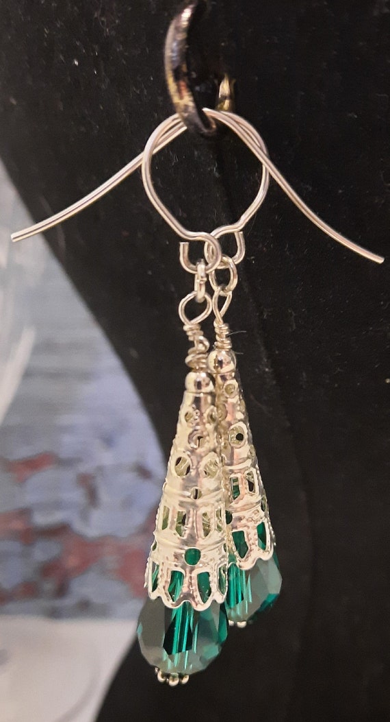 Emerald Green Crystal on Sterling Silver Cone Earrings