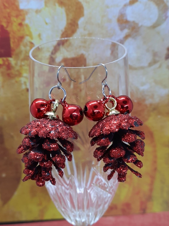 Red Glittery Pine Cone Earrings with bells - Sugar Plums Christmas Earrings