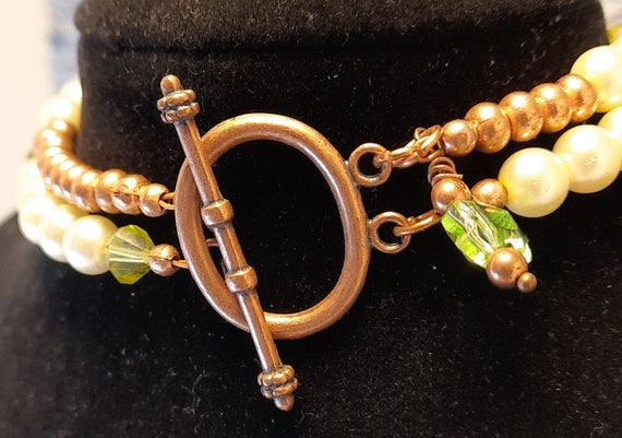 Pale Green Pearl and Copper Bracelet