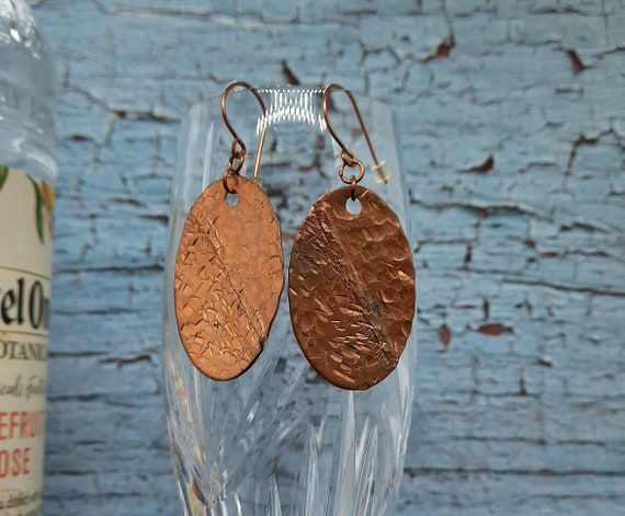 Hammered Copper Fold-Formed Oval Earrings - Medium