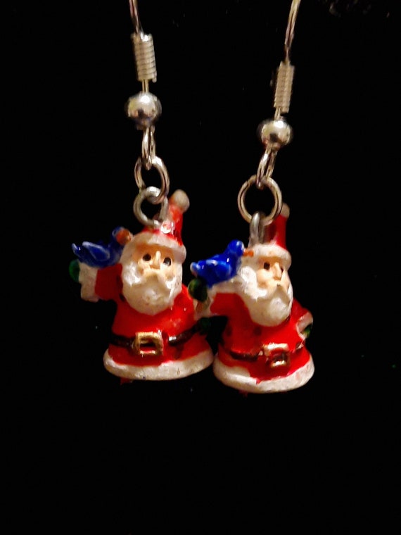 Sweet tiny Santa and bluebird Christmas earrings - Sugar Plums