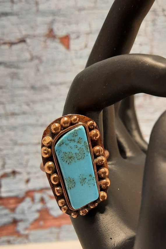 Kingman Turquoise Ring on Copper - Abstract Unisex Size 11 1/2