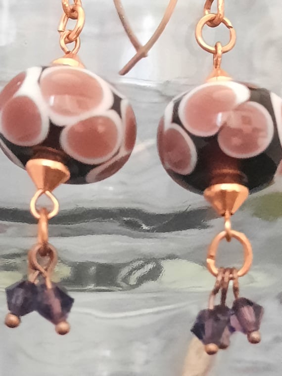 Purple Dot Lampwork Earrings on Copper