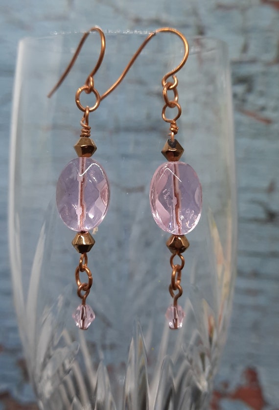 Pink crystal and Copper Earrings