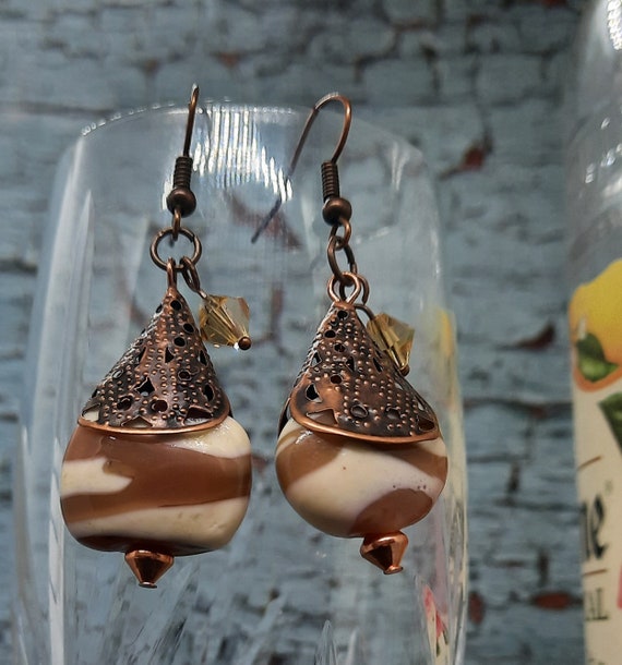 Butterscotch and Cream swirl Lampwork earrings with Copper Accents