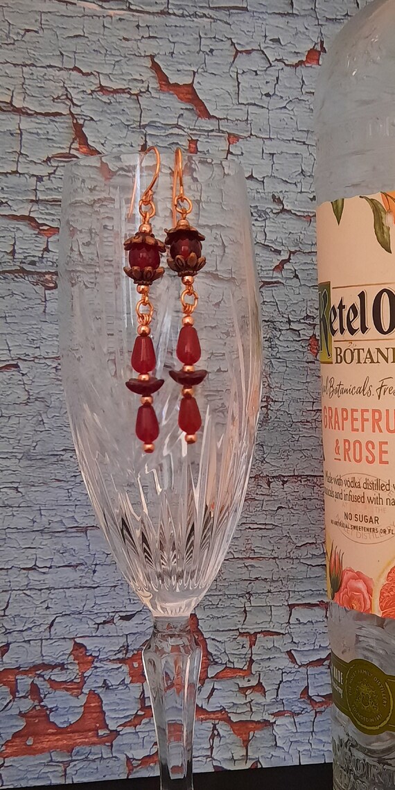 Blood Red Garnet Drop Earrings - Copper