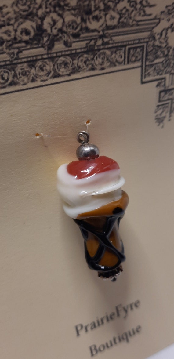 Lampwork Strawberry & Cream Ice Cream Cone Pendant