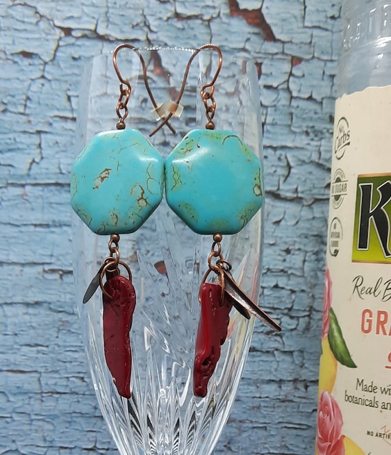 Stunning Blue Magnesite Boho Earrings with Coral