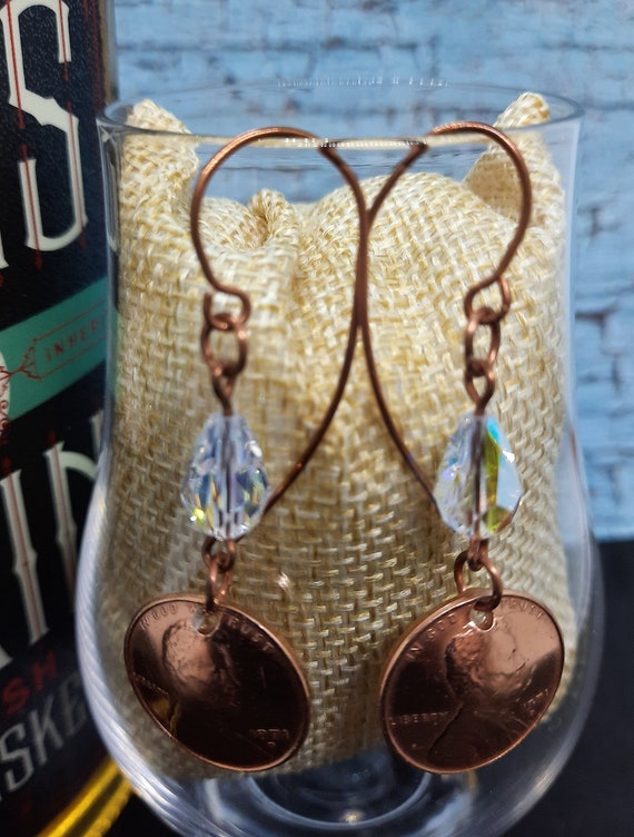 1971 D U.S. Penny Earrings on Crystal - Copper Wires