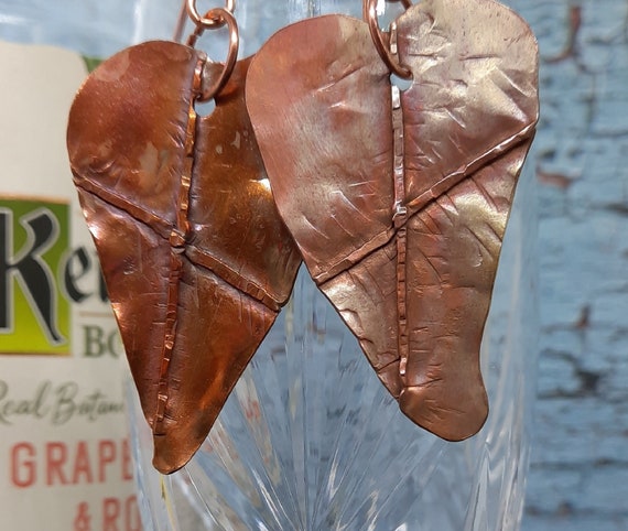 Fold-Formed and Flame-Painted Copper Hearts Earrings