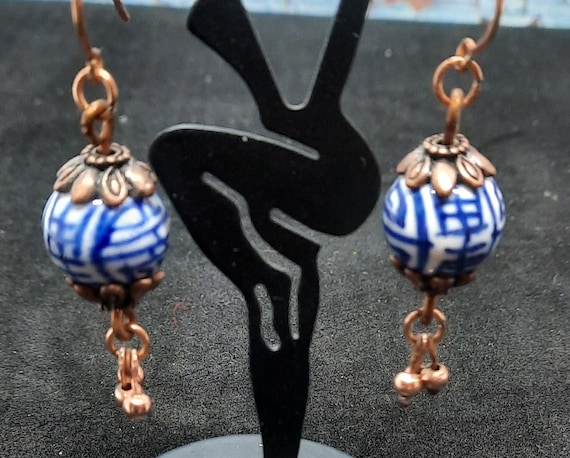 Oriental Patterned Porcelain Bead Earrings - Copper Caps and Accents