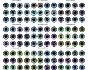 Puede incluir: Una colección de ojos de muñeca circulares dispuestos en una cuadrícula, con una gran variedad de colores de iris que incluyen tonos marrones, azules, verdes, morados y grises. Cada ojo tiene una pupila negra en el centro, con el texto BulanovaDolls repetido.