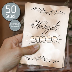 Hochzeitsbingo 50 Karten, Hochzeitsspiel für Gäste zum Kennenlernen, Hochzeitsfeier, Kennenlernspiel Hochzeit, hochwertiger Postkartenkarton