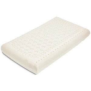 May include: A white latex pillow with a honeycomb pattern of small holes. The pillow is designed to provide support and comfort for sleeping.