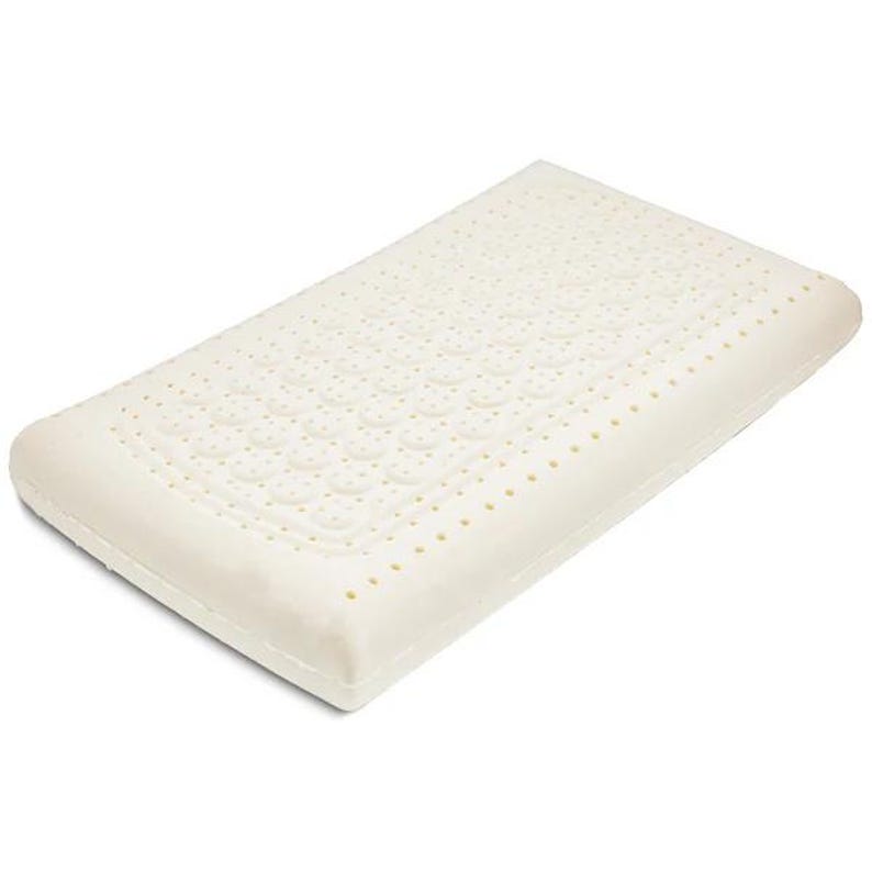 May include: A white latex pillow with a honeycomb pattern of small holes. The pillow is designed to provide support and comfort for sleeping.