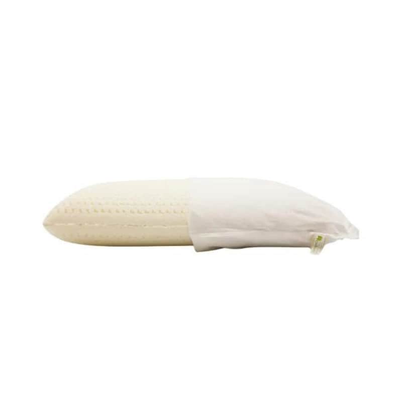 May include: A white pillow with a white cover. The pillow is made of a material with a textured surface. The pillow is in a side view.