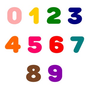 Könnte beinhalten: Ein Satz bunter Zahlen von 0 bis 9. Jede Zahl hat eine andere Farbe, darunter rosa, gelb, grün, blau, orange, rosa, rot, türkis, braun und lila.