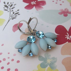 Swarovski Blue Earrings, Vintage Sparkly Light Blue & Aquamarine Swarovski Rhinestone Flower Petal Drop Earrings