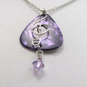 Guitar Pick Necklace, treble clef note, stainless steel wire wrapped treble clef, musician, stainless steel chain, guitarist, loves music