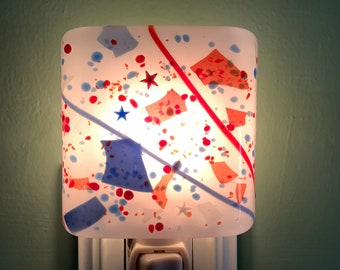 Red Stripes Fused Glass Plug In Night Light with Slumped Curved Edges Mini Wall Sconce SALE